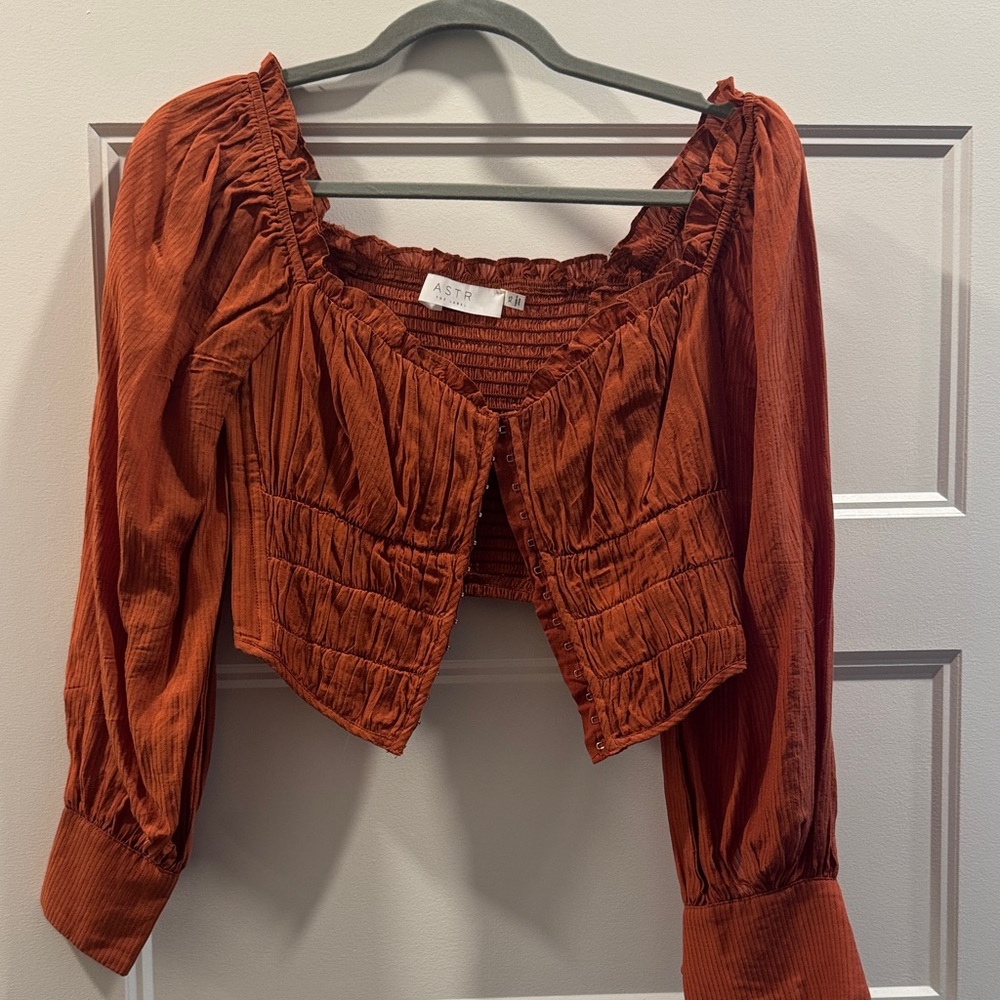 Astr Rust Orange Smocked Button-Front Crop Top